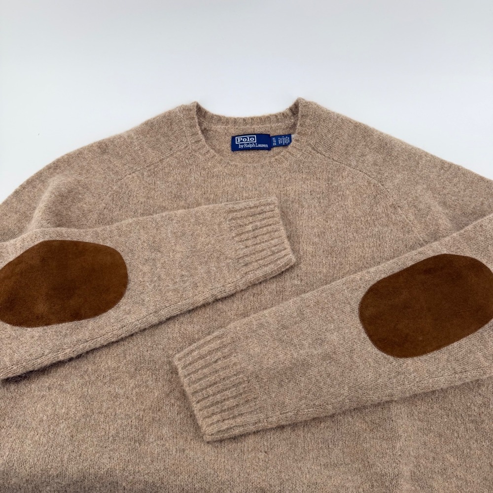 Polo Ralph Lauren Alpaca Wool Sweater Suede Elbow Patches XL Tan Brown